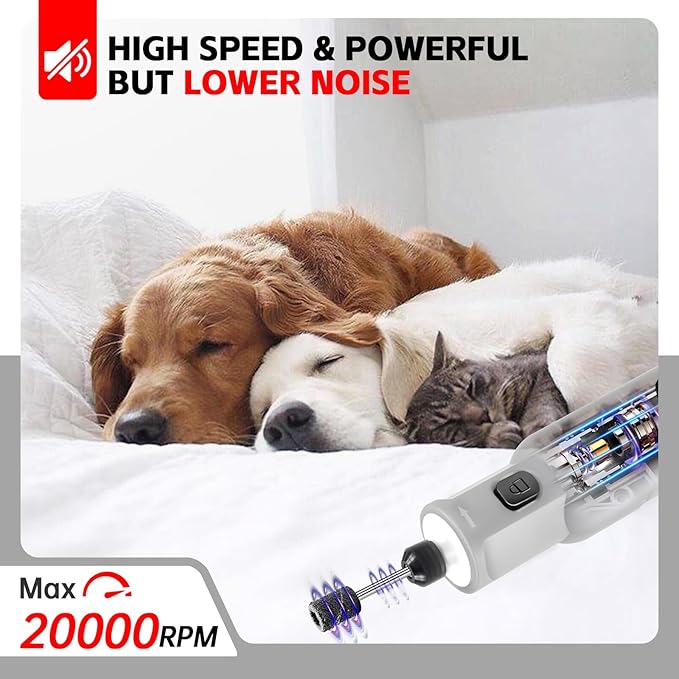 Dog Nail Grinder - Rechargeable Pet Nail Grinder, Electric Upgraded 5 Speed w LED Lights Cordless Dog Nail Trimmer Kit, 40 Accessories Pet Dog Claw Care Kit for Dogs Cats and Small Medium Animals Grey-PurrikoPets