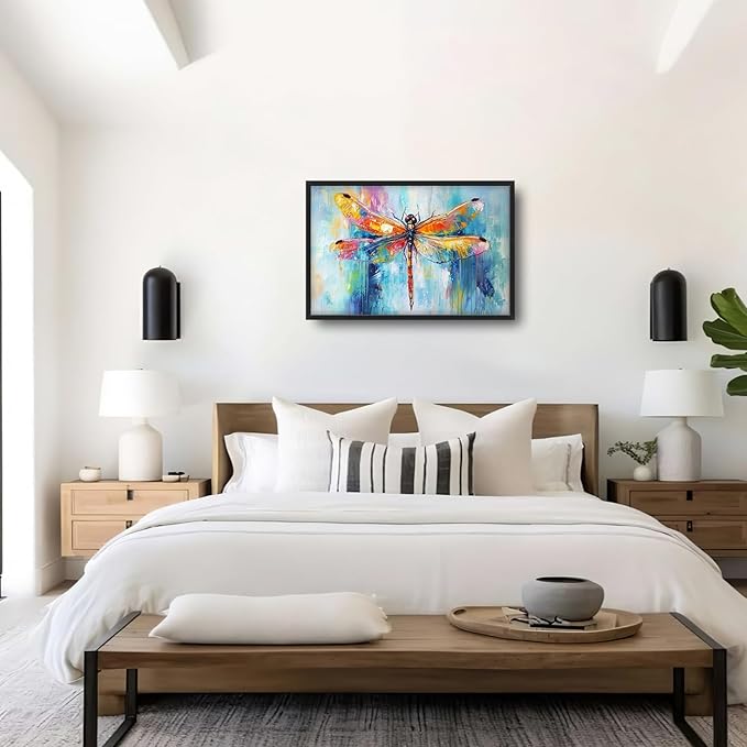 Extra Large Abstract Dragonfly Framed Wall Art for Living Room,Oversized Colorful Dragonfly Pictures Wall Decor,Teal Canvas Print Painting Modern Artwork Bedroom Office Bathroom 36L" x 24W"-PurrikoPets