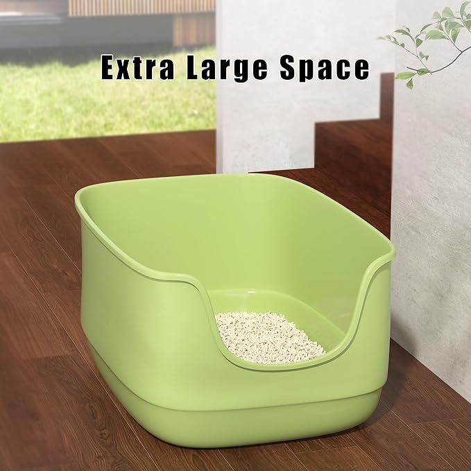 Gefryco Large Cat Litter Box with High Sided 24.6"x18.3"x12.2" - Jumbo Extra Large Open Anti - Splashing High Wall for Multiple Cats (Green)-PurrikoPets