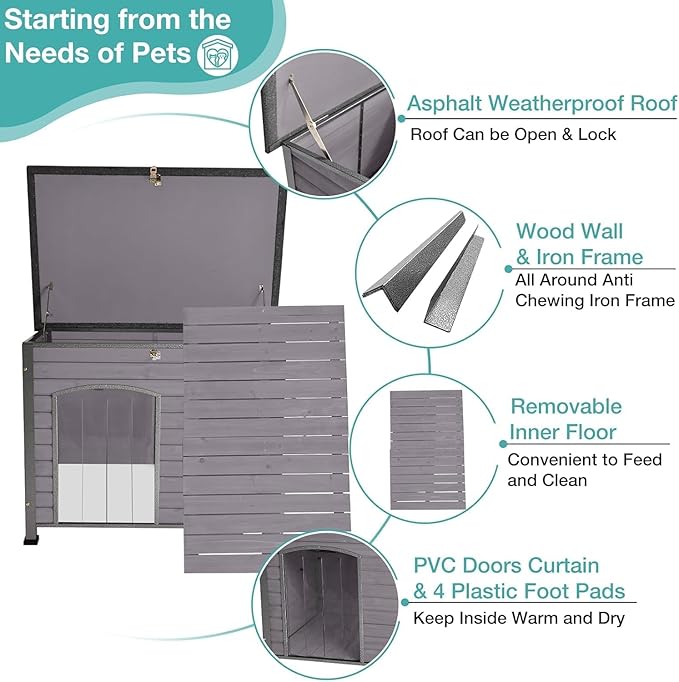 Feral Dog House Outdoor,Anti Bite Iron Frame Dog Kennel,Wood Warm Pets Home,Insulated Weatherproof Outside Shelter for Feral Animal (43.3" (L) x 29.4" (W) x 33.4" (H)-Grey-in)-PurrikoPets