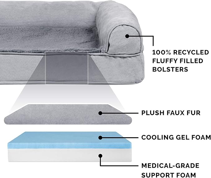 Furhaven Cooling Gel Dog Bed for Large Dogs w/ Removable Bolsters & Washable Cover, For Dogs Up to 125 lbs - Plush & Suede Sofa - Gray, Jumbo Plus/XXL-PurrikoPets
