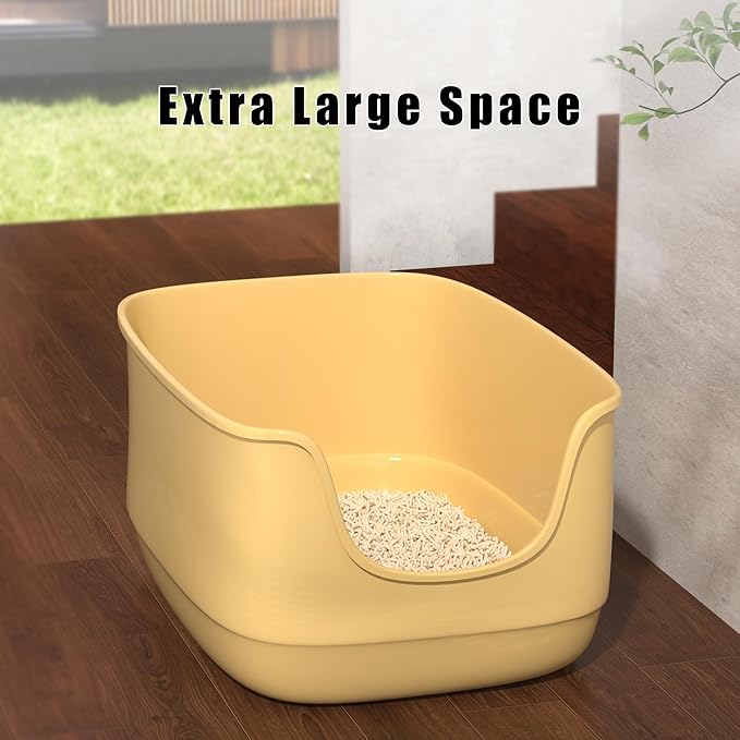 Gefryco Large Cat Litter Box with High Sided 24.6"x18.3"x12.2" - Jumbo Extra Large Open Anti - Splashing High Wall for Multiple Cats (Yellow)-PurrikoPets