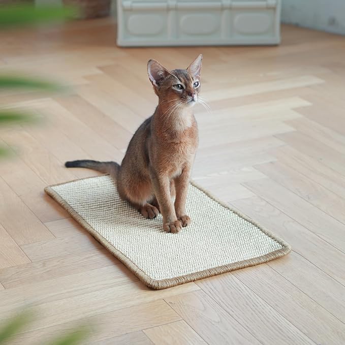 FUKUMARU Cat Scratcher Mat, 19.6 X 11.8 Inch Natural Sisal Cat Scratch Mats, Horizontal Cat Floor Scratching Pad Rug, Protect Carpets and Sofas - Beige-PurrikoPets