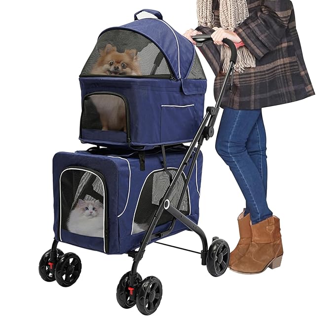 Double Pet Stroller,3.07lbs Dog Cat Carrying Cart,Lightweight Foldable Pet Stroller with 4 Wheels,Blue Portable Compact Pet Travel Cart for Small Dogs and Cats (Blue)-PurrikoPets