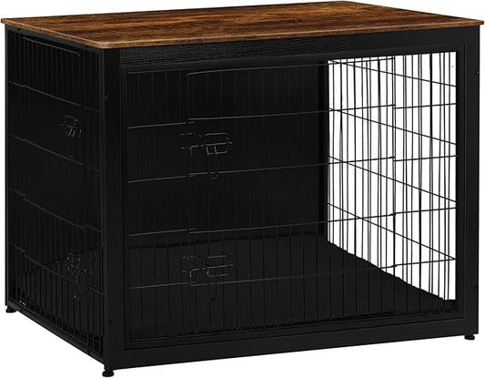 DWANTON Dog Crate Furniture with Cushion, Wooden Kennel Table with Double Doors, Indoor Dog House, Extra Large Size, 43.3" L, Black+Rustic Brown-PurrikoPets