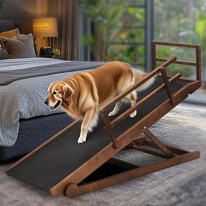 Dog Ramp for Bed, 5 Level Adjustable Dog Ramp for High Beds, Upgrade Rubber Mat High Traction Ramp with Safety Rails, Folding Pet Ramp for Bed, Couch,SUV, Natural Wood Pet Ramp for Small & Old Dogs-PurrikoPets