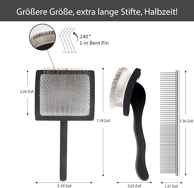 Dog Slicker Brush for Shedding and Grooming Medium or Long Haired Cats, Extra Long & Soft Pin Slicker Brush for Removes Loose Hair, Tangles, Knots, Undercoat, Free Pet Comb, Large Black-PurrikoPets