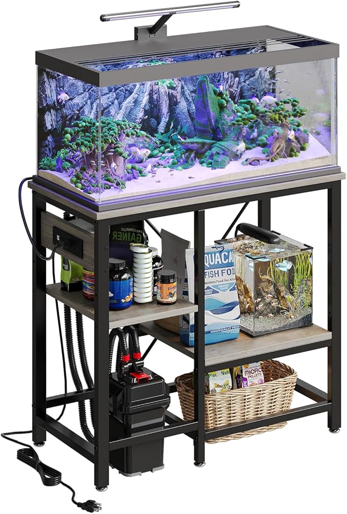 20-29 Gallon Fish Tank Stand with Power Outlets, 30.7 x 13.8 Metal Aquarium Stand with 3-Tiers Adjustable Storage Shelves, 6-Legs Reptile Terrarium Stand, 400 LBs-PurrikoPets