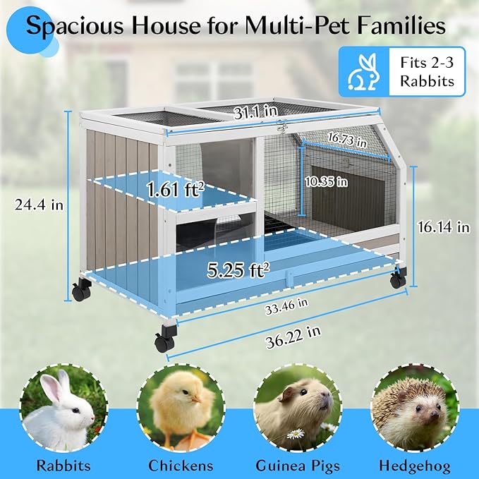 36''L Rabbit Hutch Outdoor with Casters and Run, Wooden Indoor 2 Story Guinea Pig Cage with Divider Panel, Pull Out Tray, Rabbit Duck Bunny House for Small to Medium Animals and Pet Lover, Gray-PurrikoPets