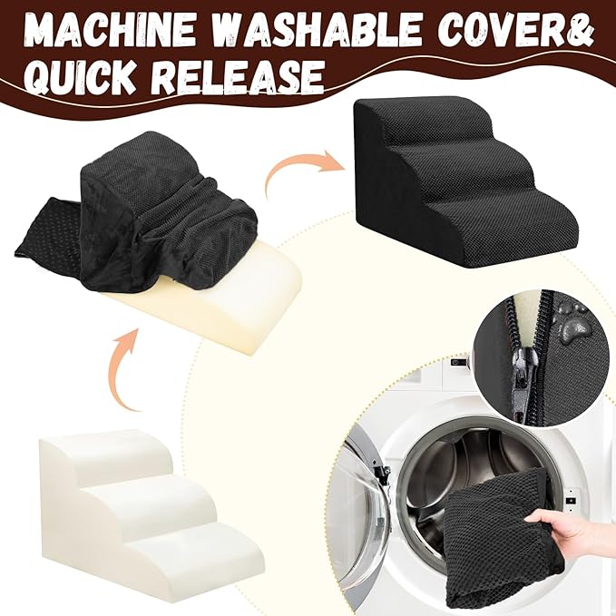 Dog Stairs for Small Dogs - High Density Foam Pet Steps, Extra Wide Dog Ramp with Non-Slip Bottom for High Beds, Couch and Sofa, Best for Dogs Injured, Older Doggy Cats,3 Steps, Black-PurrikoPets