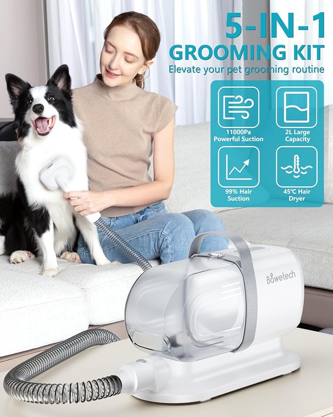 Dog Grooming Vacuum, Bawetech B2 5-in-1 Pet Grooming Kit with Dog Clipper, 11000Pa Suction | 2L Capacity | 113℉ Dryer | Low Noise Pet Hair Removal Tool Pet Supplies, 2025 Upgraded-PurrikoPets
