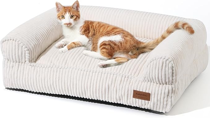 FUKUMARU Dog Couch Bed, Corduroy Cozy Cat Bed for Indoor Cats with Washable Cover, Supportive Waterproof Dog Beds Sofa for Small Dogs and Large Cats Cute, 28inch, Medium, Cream-PurrikoPets
