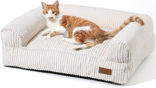 FUKUMARU Dog Couch Bed, Corduroy Cozy Cat Bed for Indoor Cats with Washable Cover, Supportive Waterproof Dog Beds Sofa for Small Dogs and Large Cats Cute, 28inch, Medium, Cream-PurrikoPets