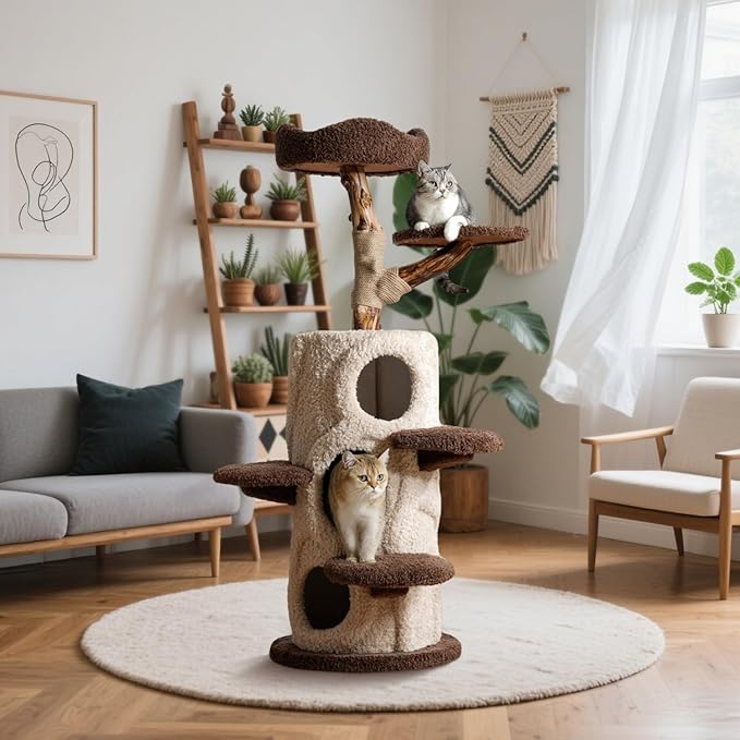54.7'' Modern Cat Tree for Indoor Cats Large Adult, Wood Cat Tree with 3 Spacious Condos, Luxury Cat Tower with Cozy Perch, Scratching Post, Sturdy Kitty House Furniture for Small Medium Large Cats-PurrikoPets