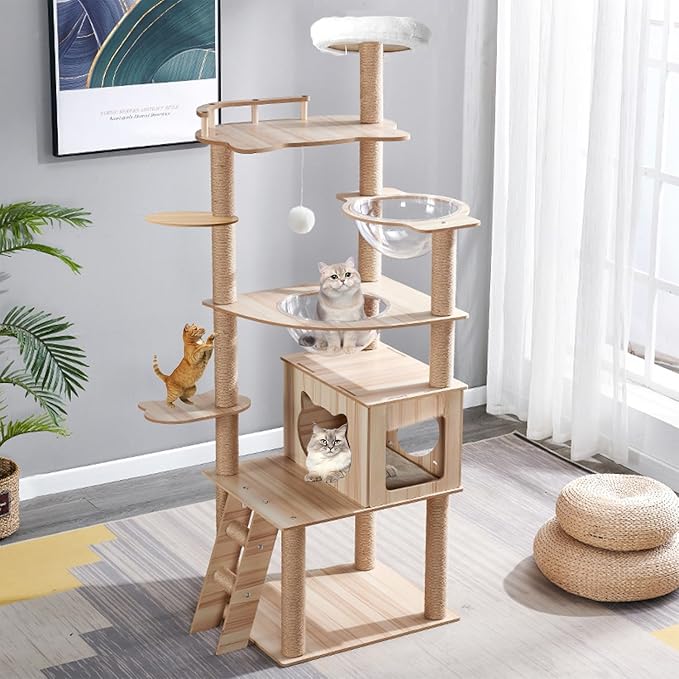 67-Inch Cat Tree for Indoor Cats Large Adult,Cat Tree Tower with Condo, Cat Stairs, 2 Bowl,14 Sisal Scratching Posts, Top Perch, with Padded Platform Bed,Toy Balls,Larg Large cat Tree.B12-PurrikoPets