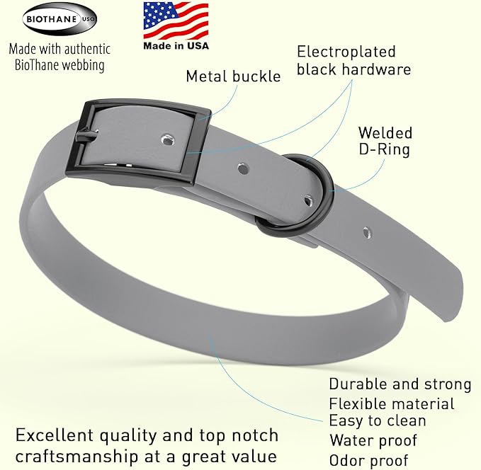 Dogline Biothane Waterproof Dog Collar Strong Coated Nylon Webbing with Black Hardware Odor- Proof for Easy Care Easy to Clean High Performance Fits Small Medium or Large Dogs, Battleship Gray-PurrikoPets