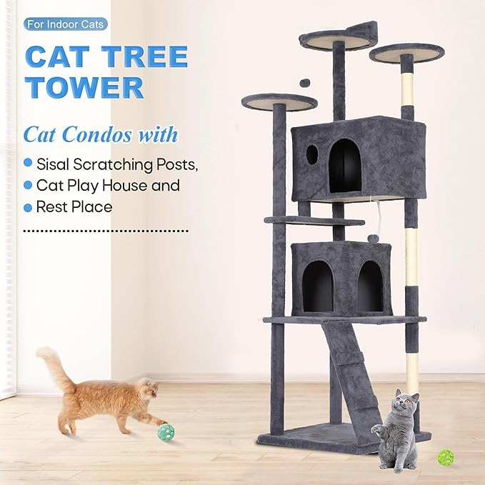 FDW Cat Tree Tower 81in Multi-Level Durable Cat Scratching Post & Cozy Fun Jumping Platform Space Saving Condo Pet Play House for Indoor Cats,Dark Gray-PurrikoPets