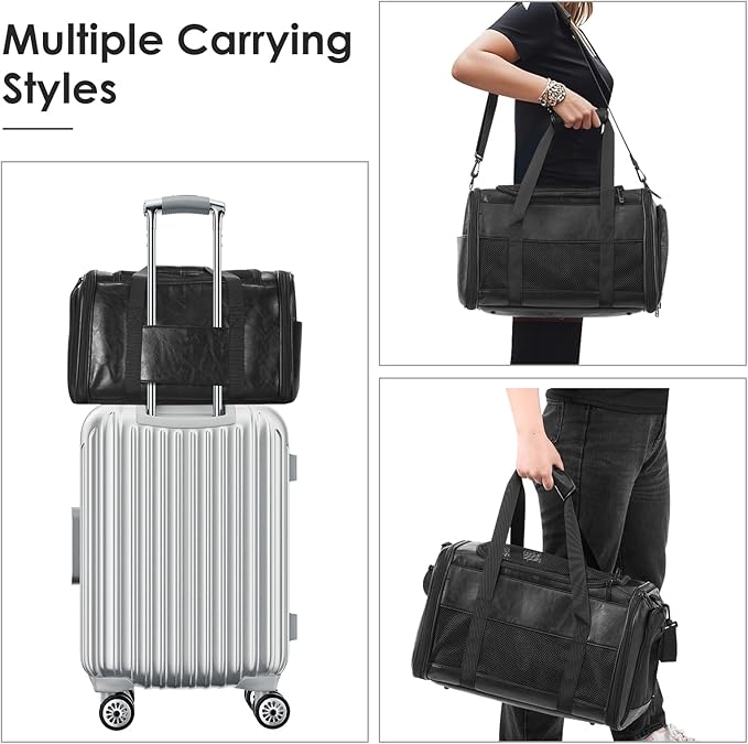 Fashion Leather Dog Carrier, Airline Approved Cat Carrier Soft Sided Pet Bag Carrier Purse for Puppy Kitten Small Animals Black-PurrikoPets