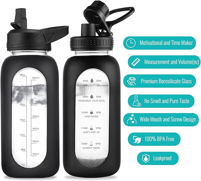 32 oz Glass Water Bottle with Straw and Handle, Sports Motivational Water Flask with Silicone Sleeve, Large Leakproof Water Flask Cup with Time Marker for Travel, Gym, Black-PurrikoPets