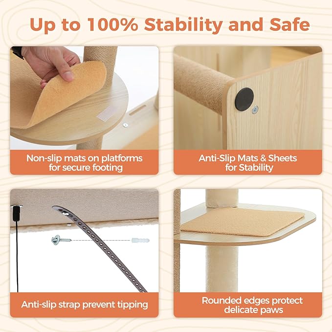 71" Tall Wood Cat Tree for Large Cats, Modern Cat Tower with 2 Acrylic Bowls, Large Top Perch, Spacious Cat Cave (Soft Cushion Included), 10 Sisal Scratching Posts and Non-Slip Jump Platforms-PurrikoPets