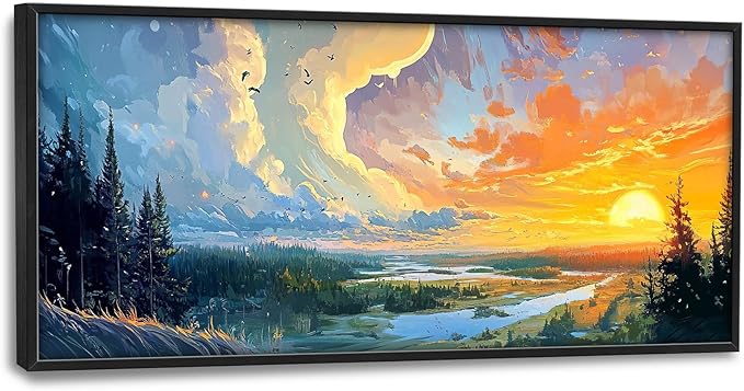 Framed Large Sunrise Wall Art for Living Room, Oversized Sunrise Wall Decor Forest Lake Landscape Canvas Print Natural Picture Home Decoration for Bedroom Living Room Office 60"x30"-PurrikoPets