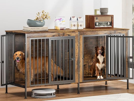 78 Inch Dog Cage Furniture for 2 Large/Medium Dogs with Removable Divider, Extra Large Double Doors Dog Kennel, XXL Thick Wooden Dog cage Furniture, Durable and Sturdy, Brown-PurrikoPets