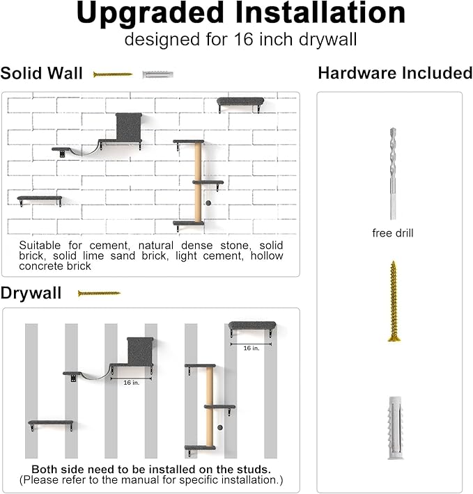 FUKUMARU Cat Wall Shelves, Stable & Safe 4 in 1 Cat Furniture Set, Wooden Climbing Wall with Scratching Post for 16 Inch Drywall - Gray-PurrikoPets