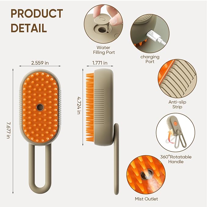 4-in-1 Cat Steam Brush for shedding–Self-Cleaning Comb for Long and Short Hair Cats and Dogs, Steam Pet Brush for Hair Removal, Vibrating Message, Grooming & Relaxation (Khaki)-PurrikoPets