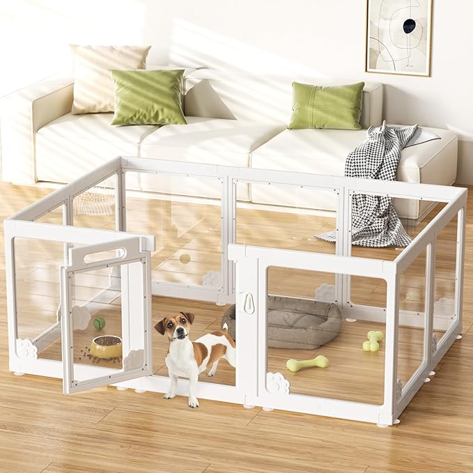 Acrylic Clear Dog Play Pen Indoors, Puppy Playpen with Door for Small Dogs Puppies, Transparent Plastic Pet Playpen Cage Fence Crate Kennel for Cat Kitten Rabbit Bunny Ferret etc (White-10 Panels)-PurrikoPets