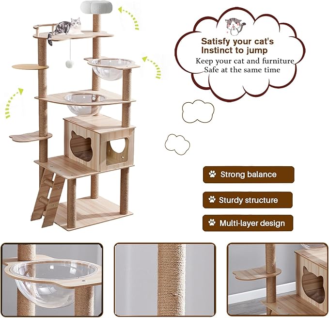 67-Inch Cat Tree for Indoor Cats Large Adult,Cat Tree Tower with Condo, Cat Stairs, 2 Bowl,14 Sisal Scratching Posts, Top Perch, with Padded Platform Bed,Toy Balls,Larg Large cat Tree.B12-PurrikoPets