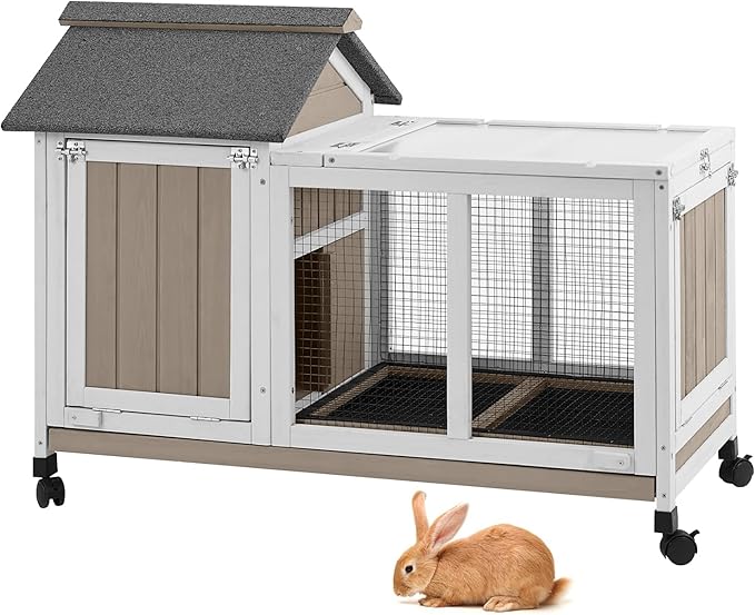 38''L Rabbit Hutch Outdoor Indoor with Wheels, Wooden Expandable 2 Story Bunny House Rabbit Cage with Run, Waterproof Roof, Pull Out Tray, Guinea Pig Cage Chicken Coop for Small to Medium Pets-PurrikoPets