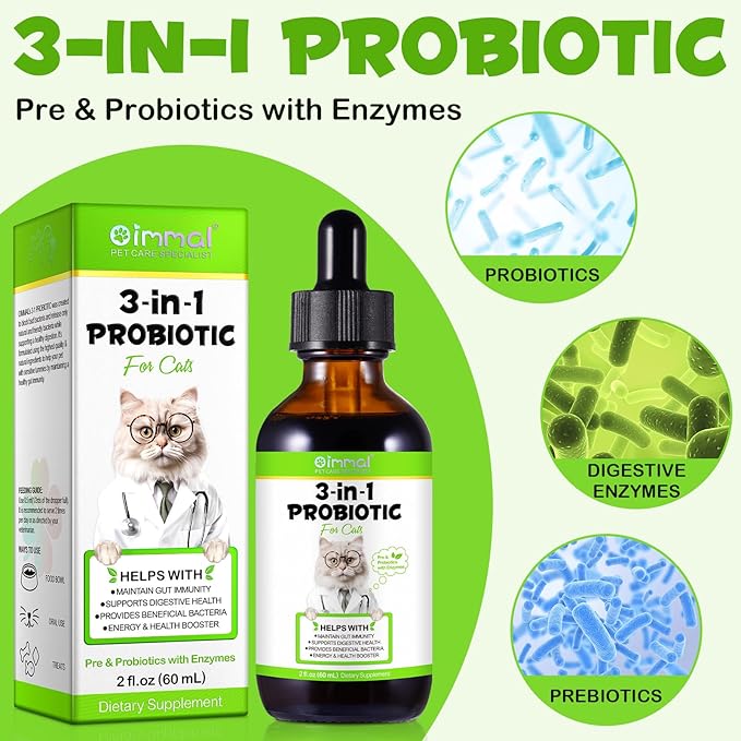 3-in-1 Probiotics for Cats with Digestive Enzymes & Prebiotics – Supports Gut Health, Immune System & Diarrhea Relief – 60ml for Cats of All Ages-PurrikoPets
