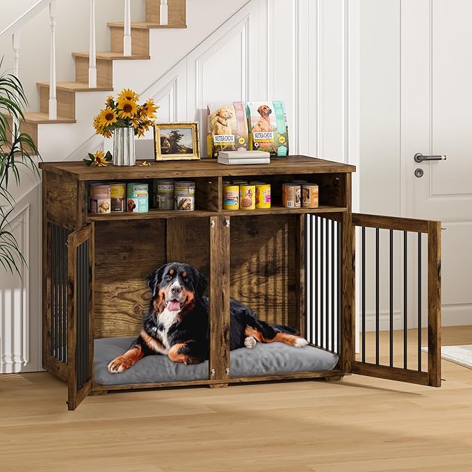 Furniture Dog Crate for 2 Dogs, 41 Inch Dog Kennel Furniture with Removable Divider and Shelf Storage, Wooden Dog Crate for Small/Medium Dogs, Rustic Brown-PurrikoPets