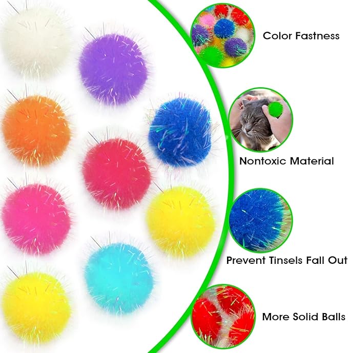 20 Pieces Mix Sizes Sparkle Pom Pom Balls for Cat - Interactive Glitter Balls, Multicolor, Best as Kitten Play Toys.-PurrikoPets