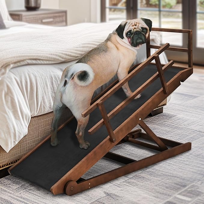 Dog Ramp, 5 Level Adjustable Wooden Folding Pet Ramp for Middle Bed, Couch,SUV-High Traction, Portable Paw Ramps for Small & Large Old Dogs & Cats - Furniture Quality-PurrikoPets