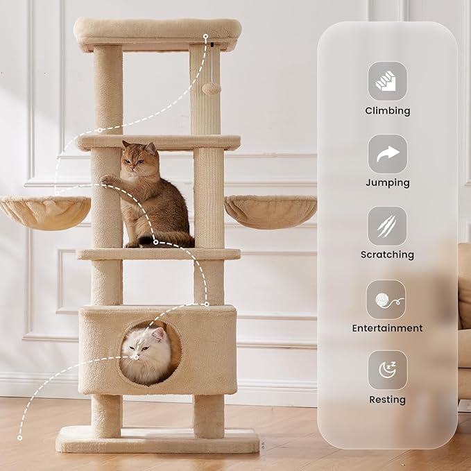Gardner Pet 65in Heavy Duty Cat Tree Tower for Large Cats, Multi-Level Cat Furniture with Replaceable Sisal Scratching Post, Hammock | Extra-Large Platform & Condo (Upgraded Beige)-PurrikoPets