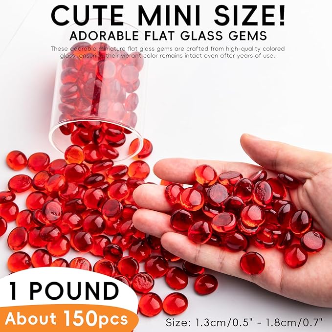 1 LB Red Glass Marbles, Mini Flat Glass Beads~150 PCS for Vase Fillers, Floral Bottom Mancala Gems Pebbles Fish Tank Rocks for Table Aquarium,Home Decor Art Craft Supplies(0.5"~0.7")-PurrikoPets