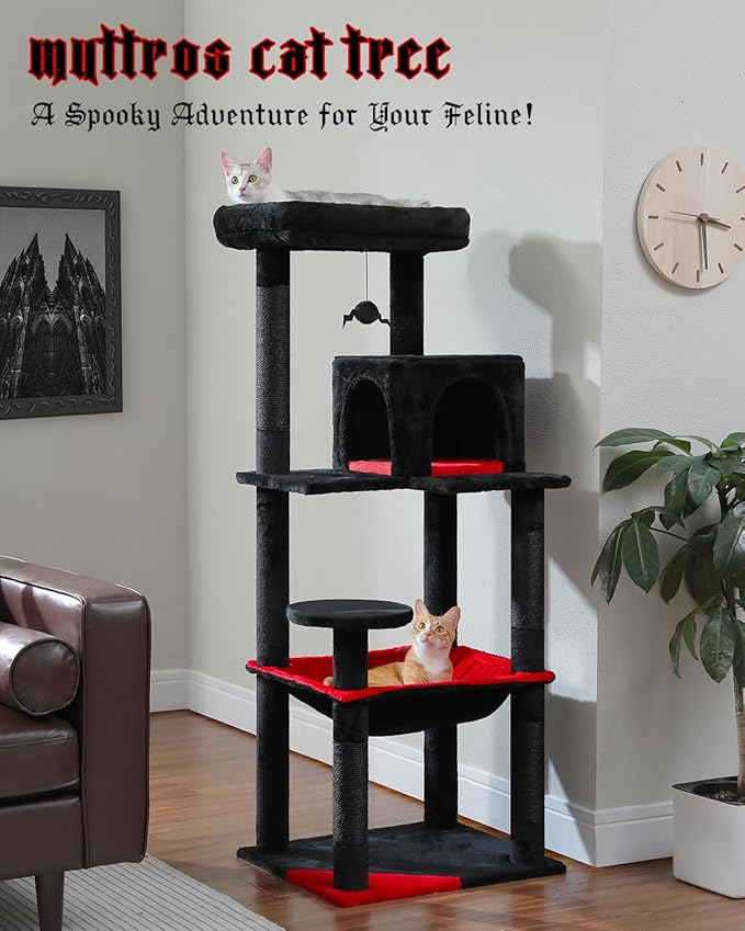 Gothic Cat Tree with Super Large Hammock, 56.3" Black Cat Tower with Coffin Bed, Cat Condo, Sisal Scratching Posts & Top Perch, Multi-Level Goth Cat Tree, Halloween, Black-PurrikoPets