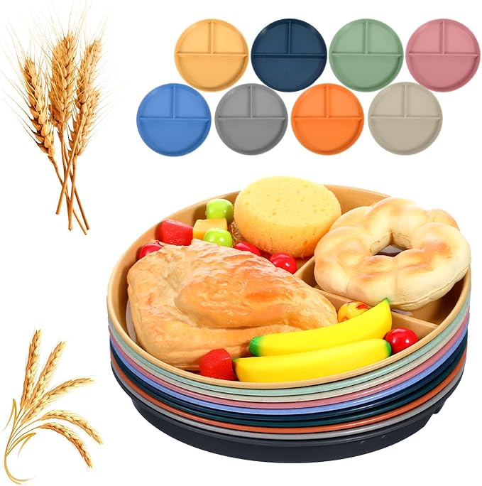 10 Pcs Unbreakable Divided Plates for Kids Adults, 9 Inch Round Portion Control Plate, 3 Compartment Plates with Dividers, Lightweight Reusable Dinnerware Portion Control Plastic, Dishwasher Safe-PurrikoPets