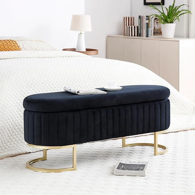 50" Sherpa Storage Ottoman Bench – Velvet Upholstered Bedroom Bench with Golden Metal Legs, Lift-Top Hidden Storage, Modern Footrest for Living Room, Entryway, Bed End (Black)-PurrikoPets