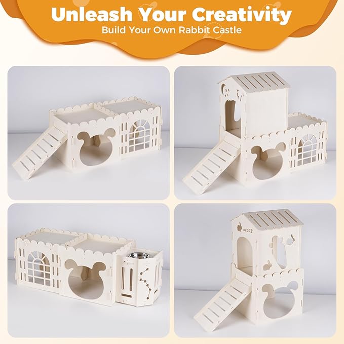 Extra Large Rabbit House, Wooden Bunny House Hideout with 4 Houses and Hay Feeder Indoor, Rabbit Guinea Pig Hideout Multistory Climbing Tower Sturdy Wooden Castle, Small Animal Hideaway Tunnel-PurrikoPets