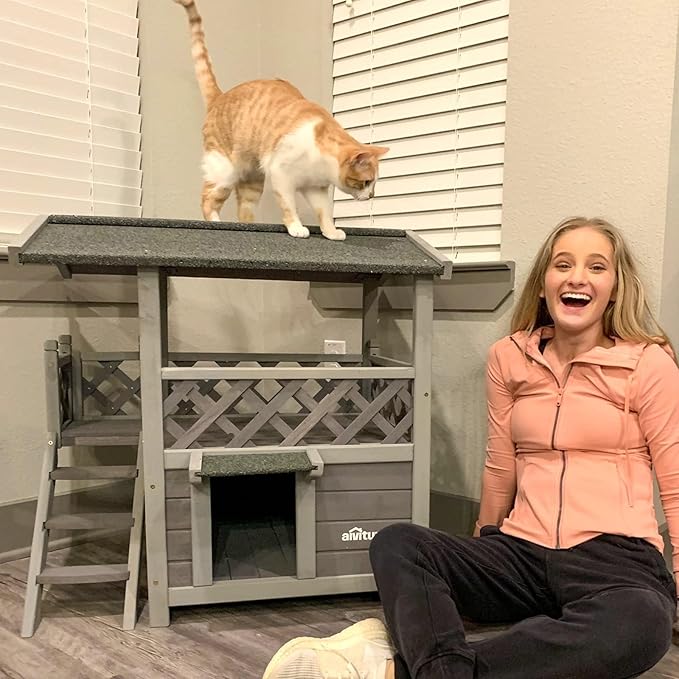 Aivituvin Cat House Outdoor Indoor Feral Kitty Shelter with Escape Door for Cats, Weatherproof Roof-PurrikoPets
