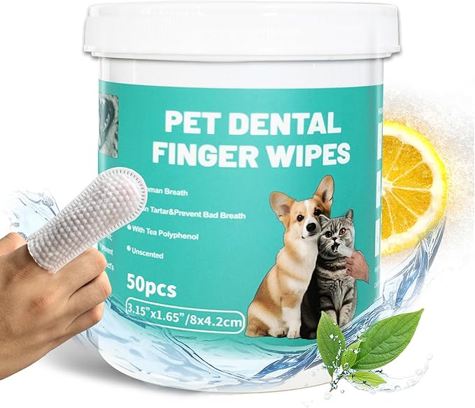 Dog Teeth Dental Finger Wipes for Dogs & Cats No-Rinse Dog Finger Toothbrush Dog Plaque & Tartar Prevention with Brushing Beads Dog Breath Freshene 50pcs-PurrikoPets