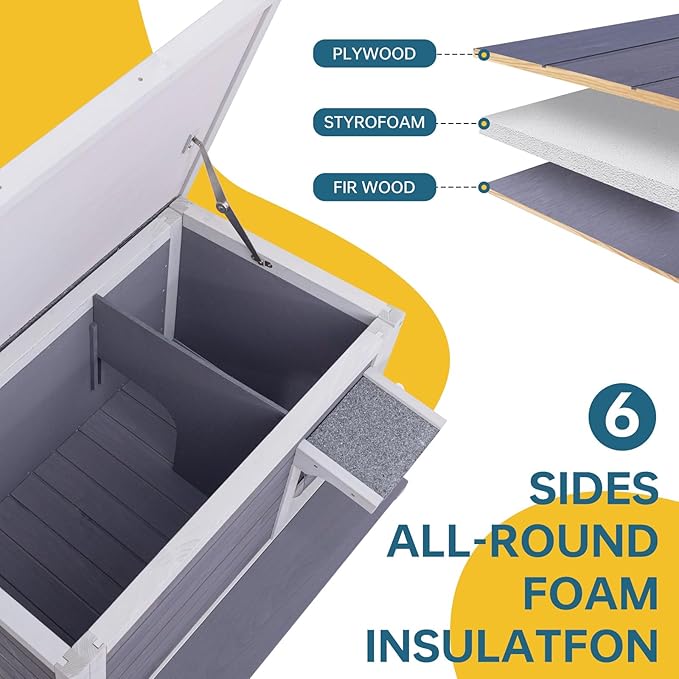 GEGURI Insulated Cat House Outdoor Weatherproof Feral Cat Shelter for Winter Large Wooden Enclosure with Escape Door-PurrikoPets