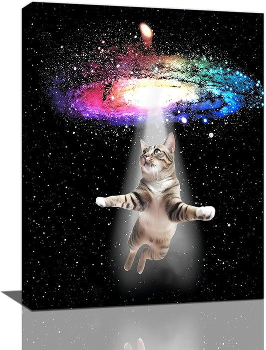 Funny Cat Wall Art Canvas Galaxy Wall Decor Prints Framed Painting Animal Pictures Gifts Artwork for Bathroom Living Dining Kitchen 16"x20"-PurrikoPets
