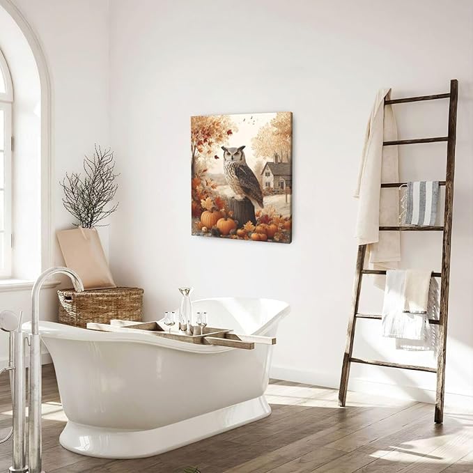 Fall Owl Wall Art Autumn Pumpkin Leaves Wall Decor Rustic Canvas Print Farmhouse Pictures Painting Print Framed Artwork Decorations Gifts for Living Room Bathroom Bedroom Office 20"x24"-PurrikoPets