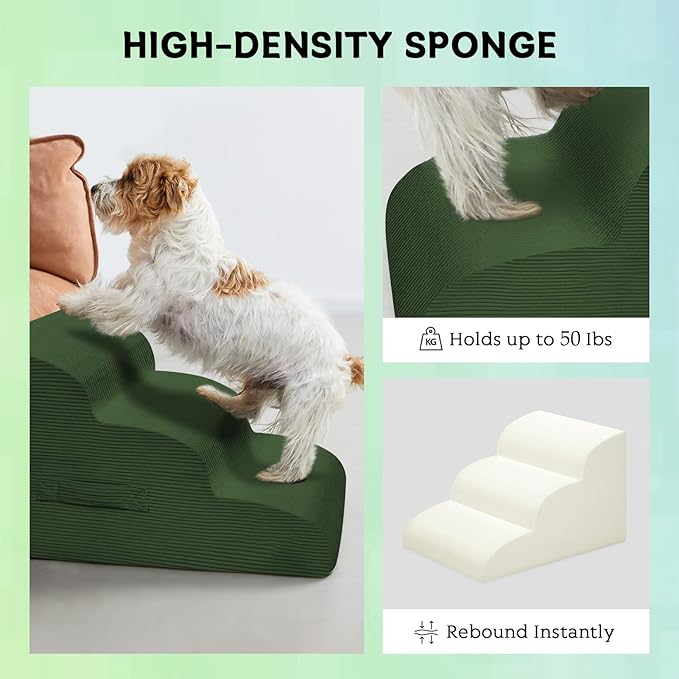 Dog Steps for Small Dogs, 3-Step Pet Ramp Stairs for High Beds and Sofa, Non-Slip Pet Stairs for Small Dogs and Cats, Removable and Easy to Clean Cover, Green-PurrikoPets
