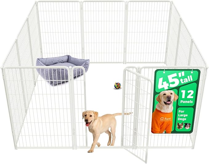 FXW Homeplus Unleashed Indoor Dog Playpen - Stress-Free and Safe Play, Heavy Duty 45 Inch 12 Wire Panels Dog Pen for Large Dogs, White│Patented-PurrikoPets