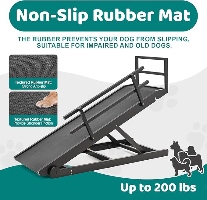 Dog Ramp for Bed, Adjustable Pet Ramps for Dog to Get on Bed, Non-Slip Rubber Surface - Folding Wooden Dog Ramp for Small/Large/Old Dogs, Adjustable up to 23.5 inch High Beds, Safety Railings-PurrikoPets