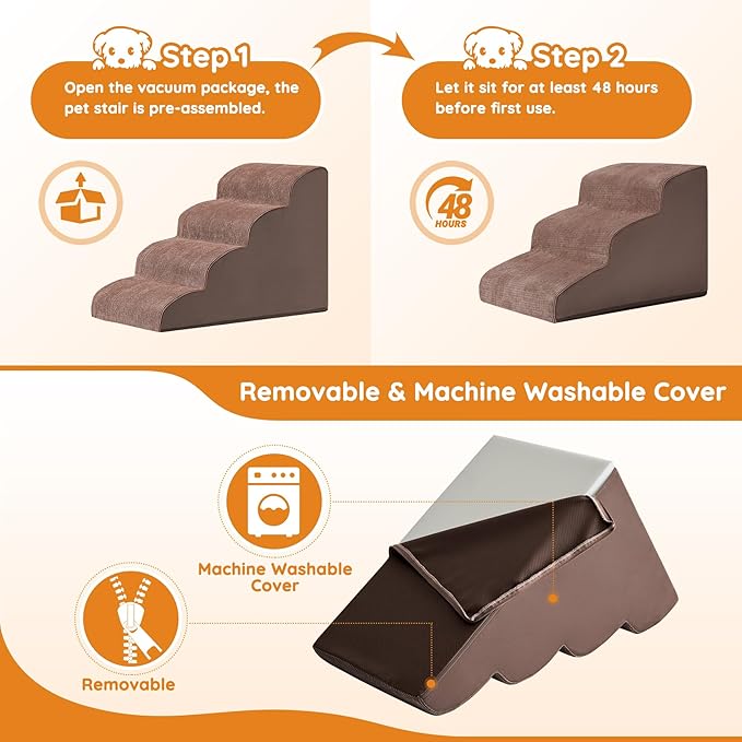Dogs Steps for Bed, Dog Stairs for Small Dogs, 2-Step Dog Ramp for Bed, Couch, Sofa, and Chairs, Non-Slip Bottom Design, Cat Scratching, High Density Foam Portable Pet Step, Indoor, Coffee-PurrikoPets